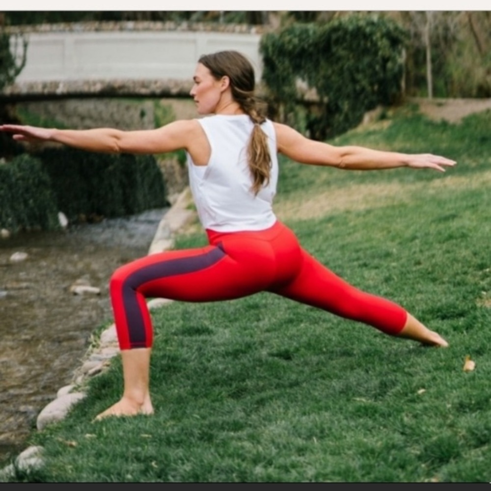 Zyia high waisted red purple striped leggings